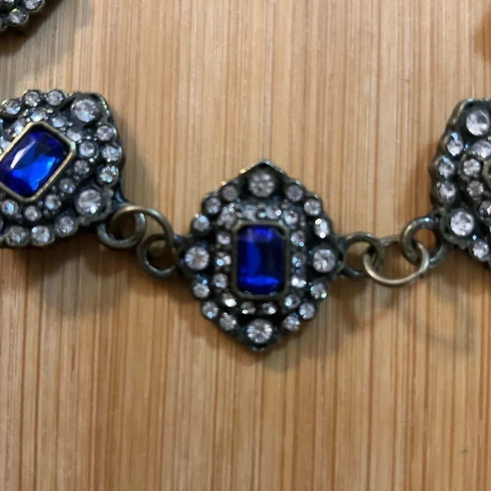 Hand Crafted Bracelet Blue Crystals Clear Rhinestones Bronze Magnetic Clasp